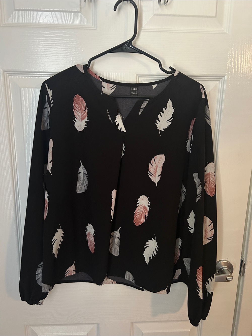 SHEIN Black Blouse with Pink and White Feather Print